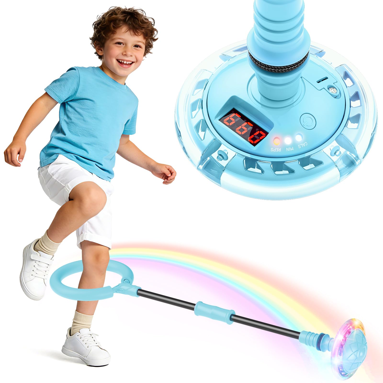 Ankle Skip Ball for Kids with Counter, Timer, Cal Calculator, Boys Birthday Gifts for Age 5 6 7 8 9 10, Battery Powered Foldable Outdoor Sports Toy for 6 7 8 9 10 Year Old Boys Gifts (Light Blue)