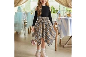 Girls Black Plaid Classic Dress Off Shoulder Long Sleeves Irregular Hem Tie Waist Casual Elegant and Sweet 4-7 Years