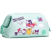Impressions Vanity Hello Kitty and Friends Vacay Cosmetic Pouch for Women, Vacation Print Artwork Travel Makeup Bag Organizer with 2 Inner Pocket, Metal Zipper Faux Leather Handheld Purse (MInt)