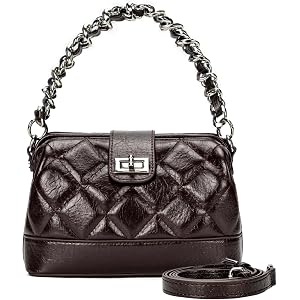 Small Quilted Crossbody Purse for Women, Vegan Leather Top Handle Handbag with Detachable Chain Strap, Turn-Lock Evening Bag