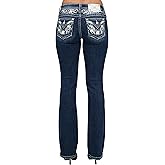 Miss Me Women's Mid-Rise Glacé Bleu Filigree Faux Flap Pockets Bootcut Jeans