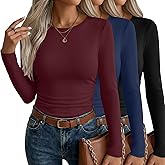 Velvelhall 3 Pack Women's Long Sleeve Shirts Side Ruched Crew Neck Slim Fit Basic Tees Casual Stretchy Going Out Tops