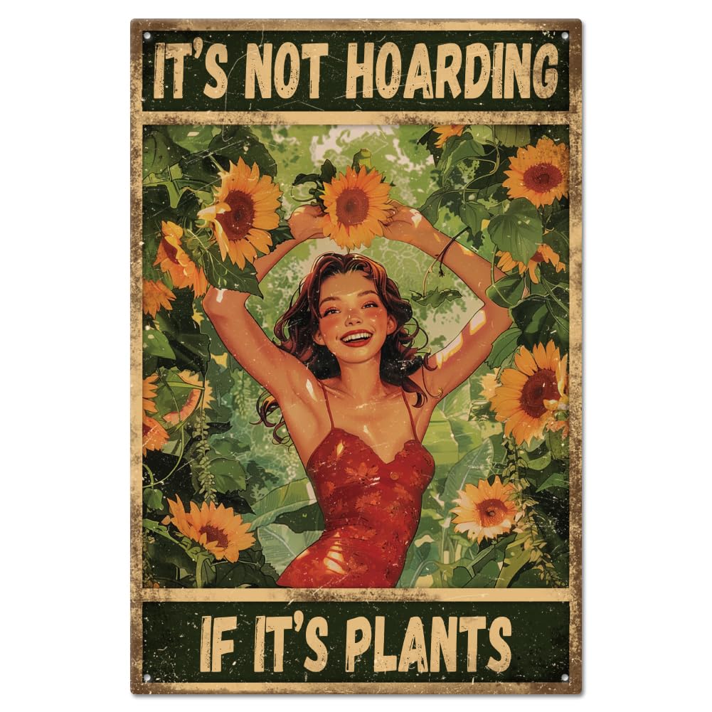GLOBLELAND "It's Not Hoarding If It's Plants" Vintage Sunflower Woman Metal Tin Sign Lady in Red Tin Sign 12x8in/30x20cm Art Plaque Poster Wall Decor for Home Club Cafe Yard Garden