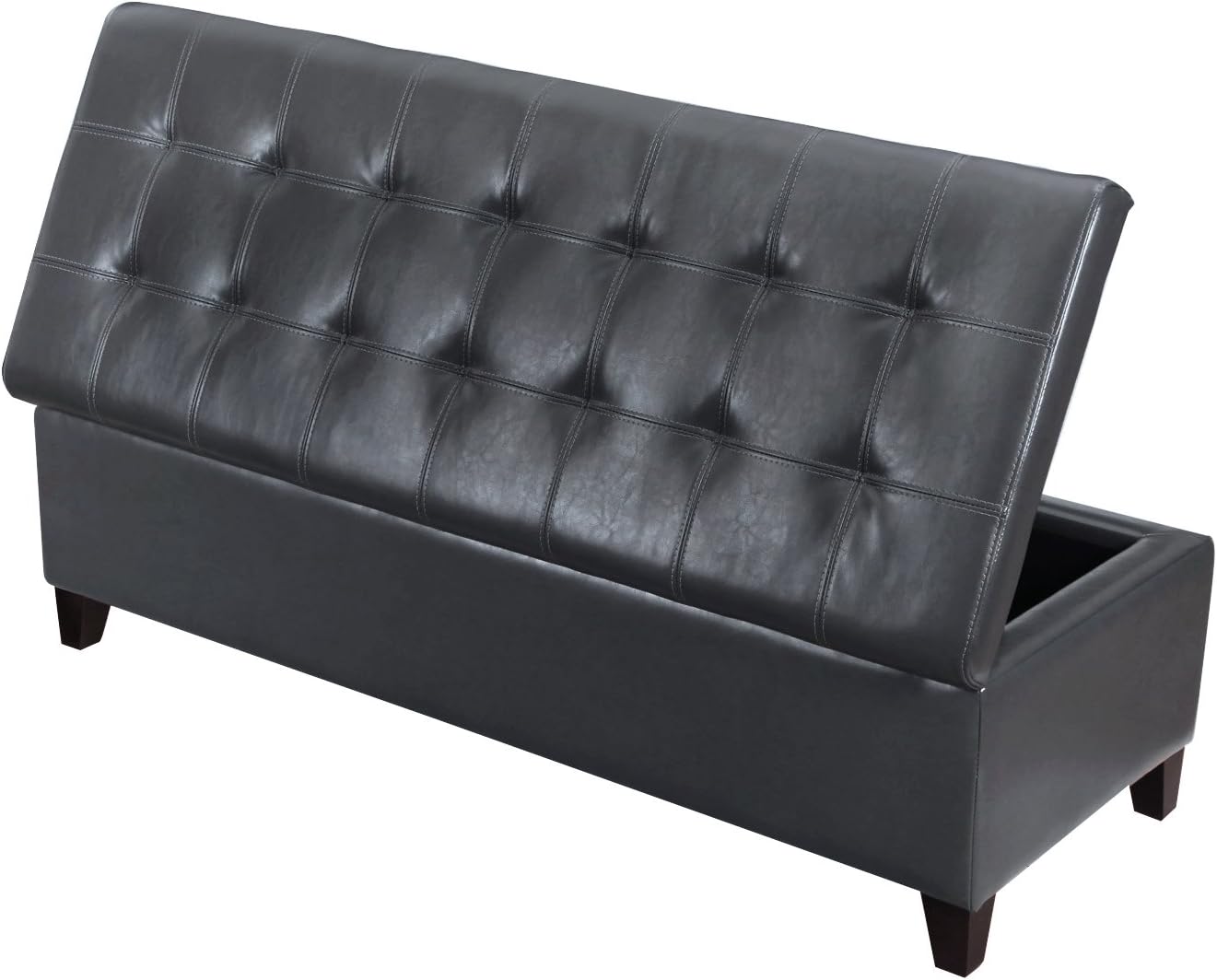 AsenseStorage Ottoman Bench, Faux Leather Upholstered Bench, End of Bed Bench with Safety Hinge, Wooden Legs, for Entryway, Bedroom, Living Room(Grey,51")