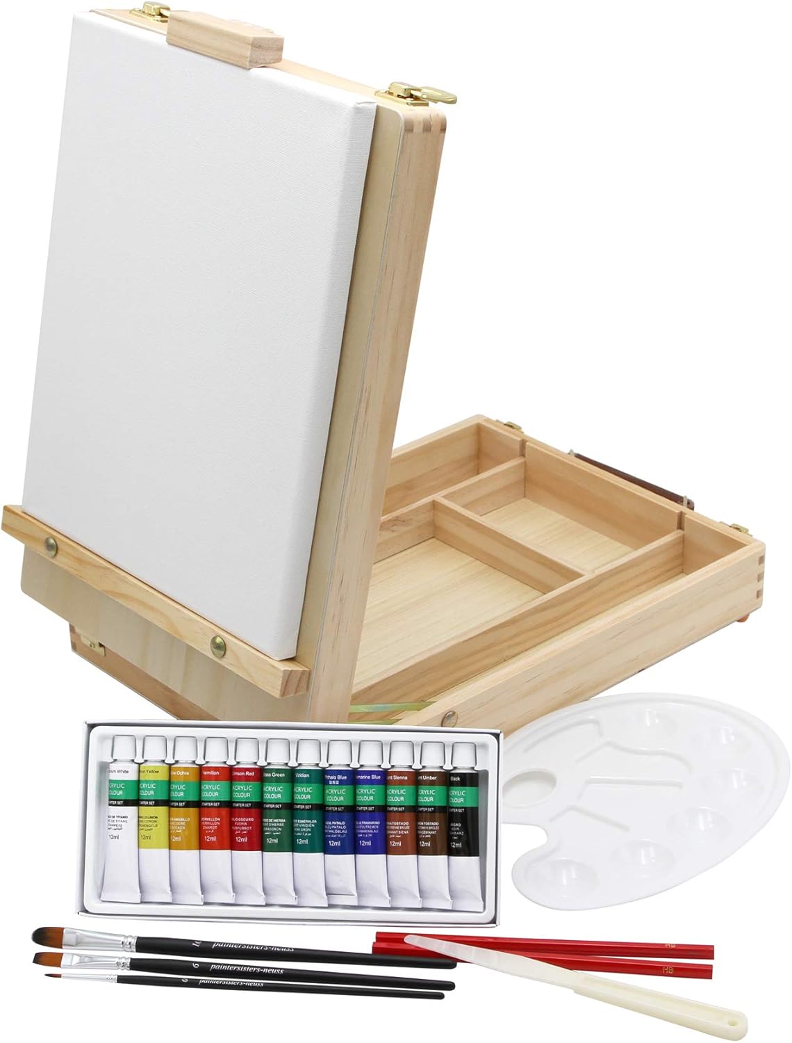 Malset Tischstaffelei PARIS, 21tlg. mit 12 Acrylfarben, 3er Soft Pinselset, Keilrahmen 24x30cm, Malpalette und mehr, Utensilienkoffer, Kofferstaffelei