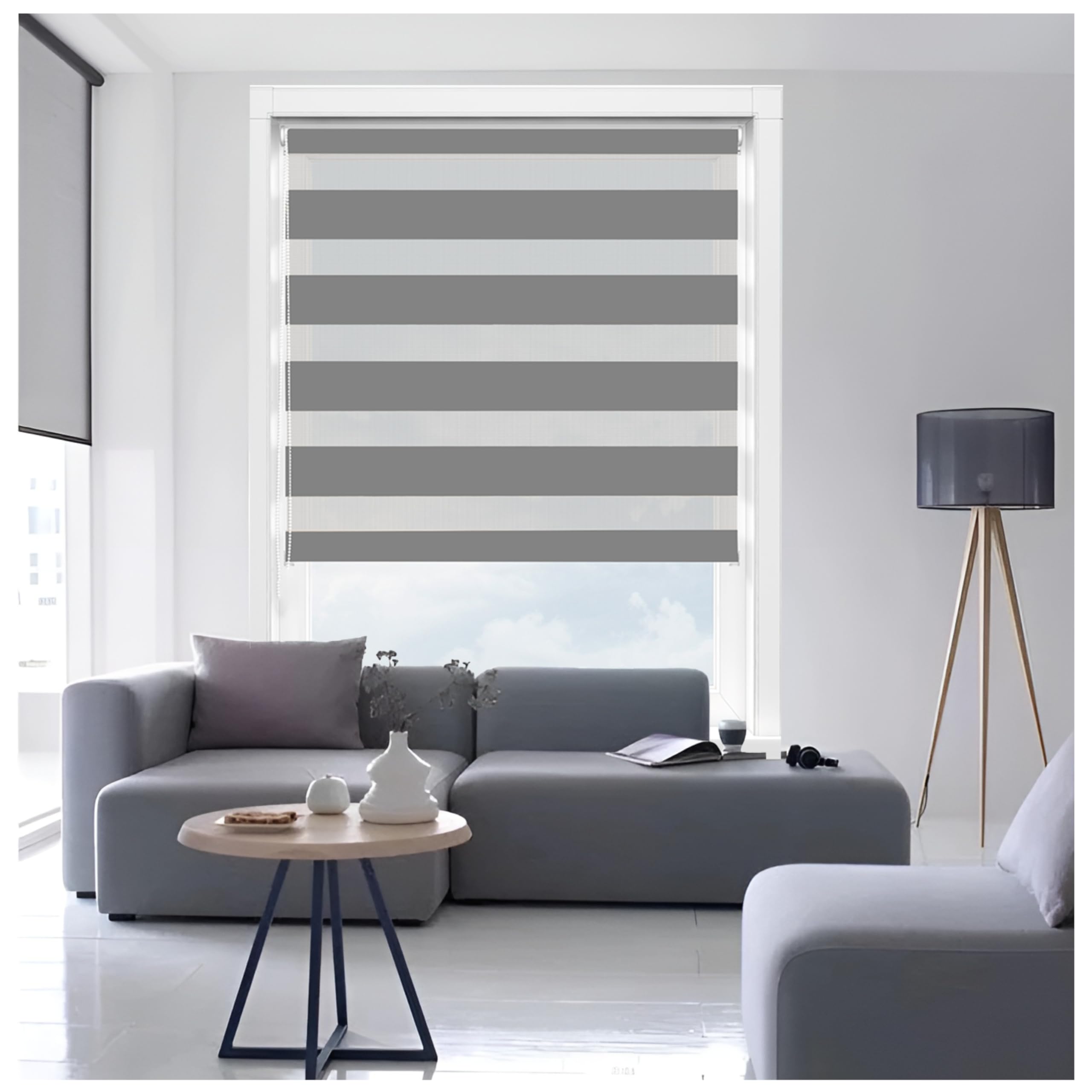 Ruby Deals Zebra Blinds Day & Night Roller Blind – Dual Layer Fabric Window Blinds, Light Filtering, No Drill or Drill Fit Blinds Curtains for Windows and Doors, (Grey W64 x H165 cm)