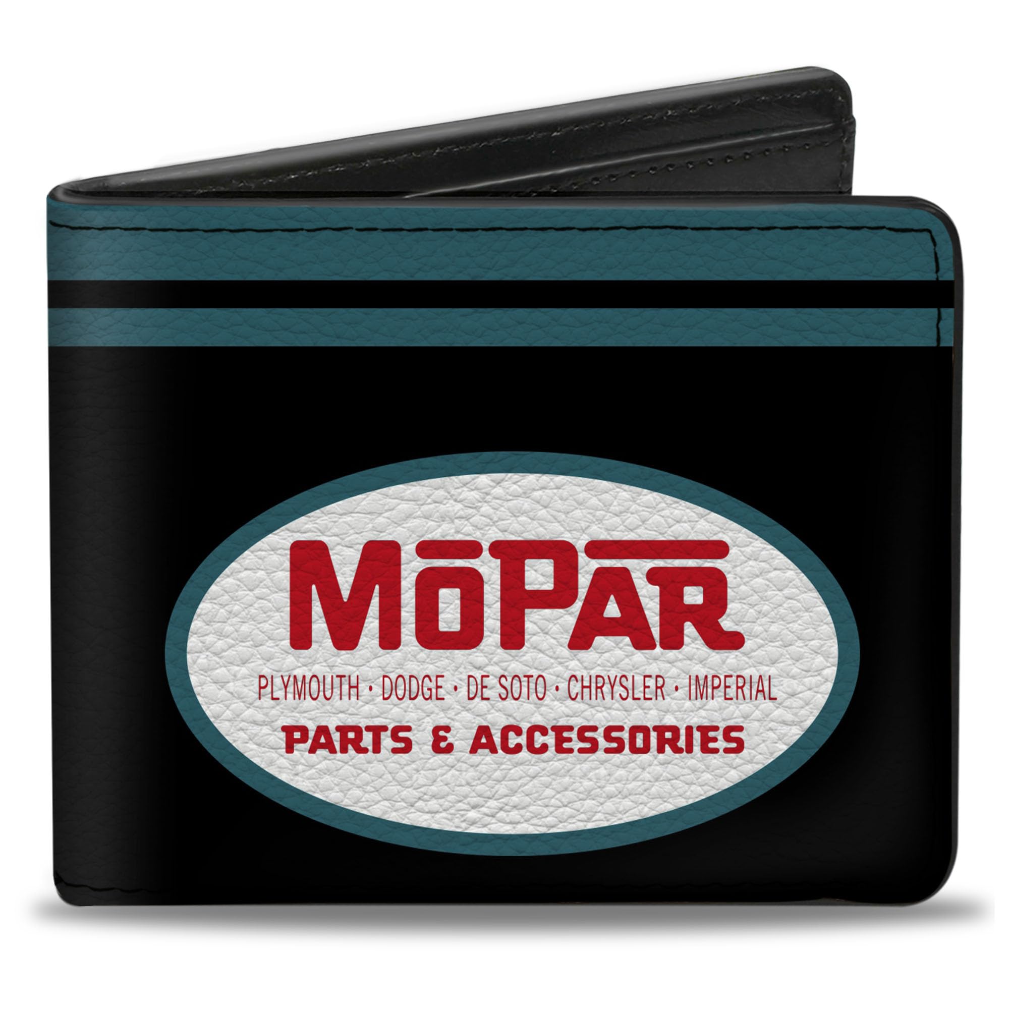 Buckle-Down - Wallet Pu Bifold Wallet - Mopar 1954-1958 Logo + Chrysler Logo Top Stripe Black/Blue/Red/White mens 4.0" x 3.5"
