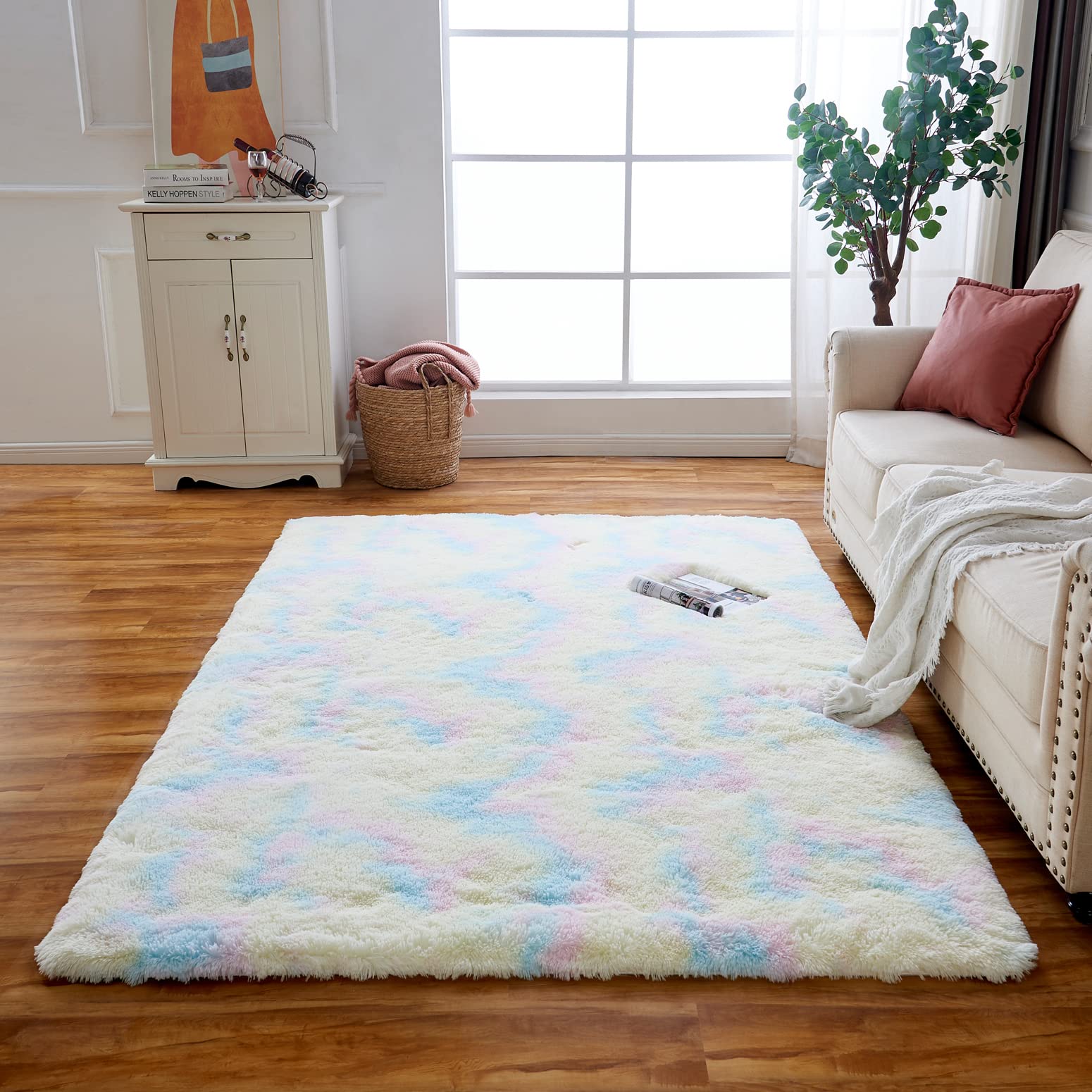 Obundi Fluffy Rug,Lovely Shaggy Non-Slip Small Rugs for Bedroom, Washable Rainbow Rug for Living Room (Rainbow,60×120 cm)