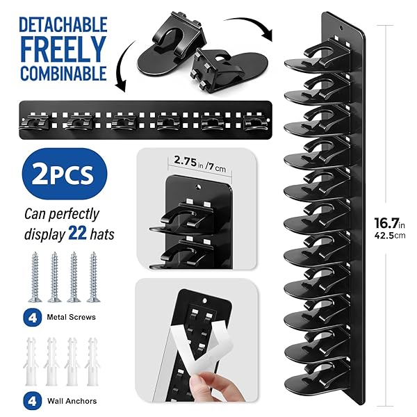 YONSYA 2 PACK HAT HOOK ORGANIZER FOR BASEBALL CAPS, HAT HANGER HOLDER FOR 20 CAPS, WALL HAT RACK WITH STRONG ADHESIVE, MULTILAYER CAP STORAGE HOOKS FOR CLOSET DOOR AND BEDROOM (STYLE C-BLACK)