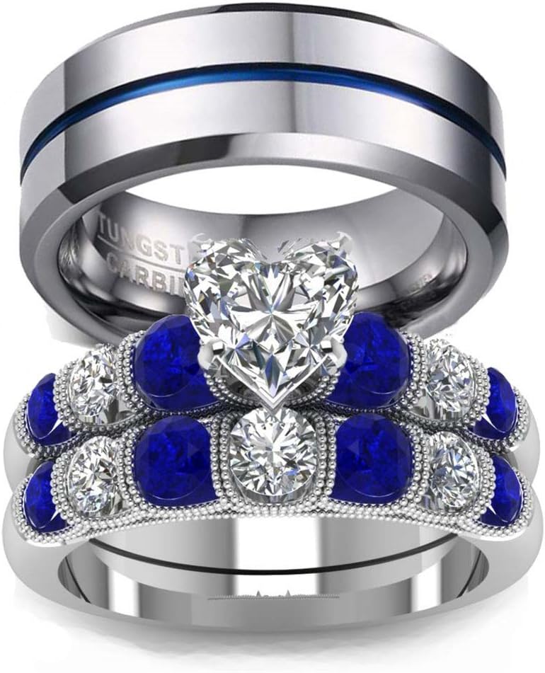 His and Hers Wedding Ring Sets Couples Rings 10K White Gold Filled Heart cz Wedding Engagement Ring Bridal Sets Men's Tungsten Carbide Wedding Band