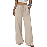 Sampeel Wide Leg Pants for Women Flowy Palazzo Drawstring Elastic Waist Trousers with Pockets Summer Beach Vacation Clothes