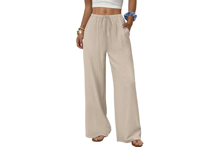 Sampeel Wide Leg Pants for Women Flowy Palazzo Drawstring Elastic Waist Trousers with Pockets Summer Beach Vacation Clothes