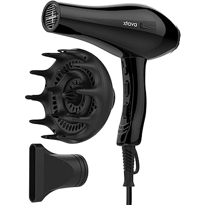 Xtava Pro Hair Dryer with Diffuser - Salon Grade Professional 1875 Watt Blow Dryer for Hair Styling - Frizz Control Volumizer Blowdryer with Concentrator Nozzle Attachment and Cool Shot Button - Black