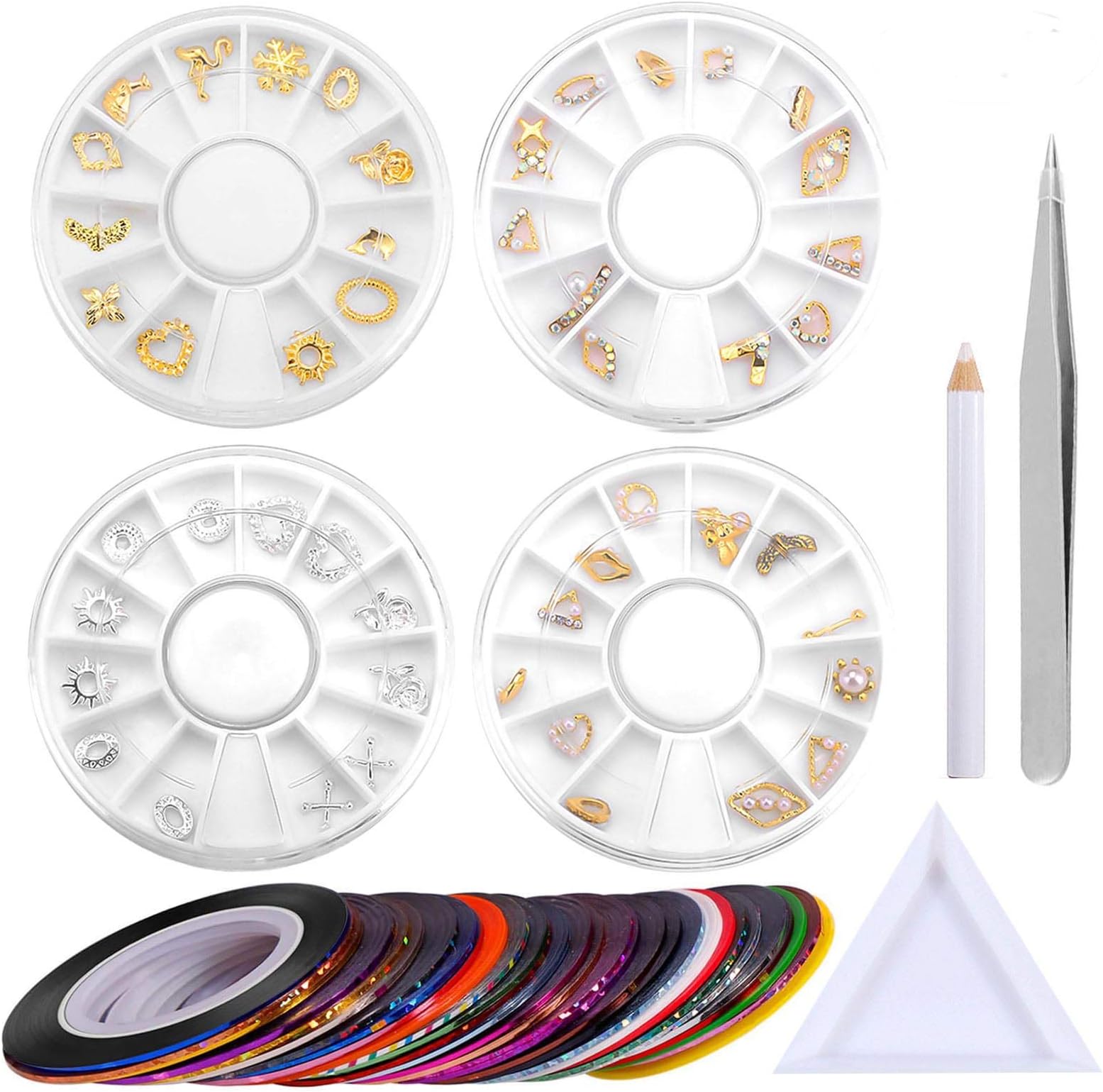 4 Pcs Nail Crystals Rhinestones for Nail Art Decorations Professional Nail Kit With Tweezers-Rhinestone Picker Pencil and 10 Pcs Nail Art Striping Tape