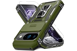 DEERLAMN Case for Google Pixel 10/10 Pro with Slide Camera Cover+Screen Protector(1 Pack), Rotated Ring Kickstand Military Grade Shockproof Protective Cover-Olive Green