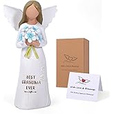 XPLOREFIELDS Hand-Painted Angel Wings Sculpture - 6.1" Encouragement Gift for Grandma, Best Grandma Ever Engraved with Blue Flowers, Thoughtful Keepsake Home Decor