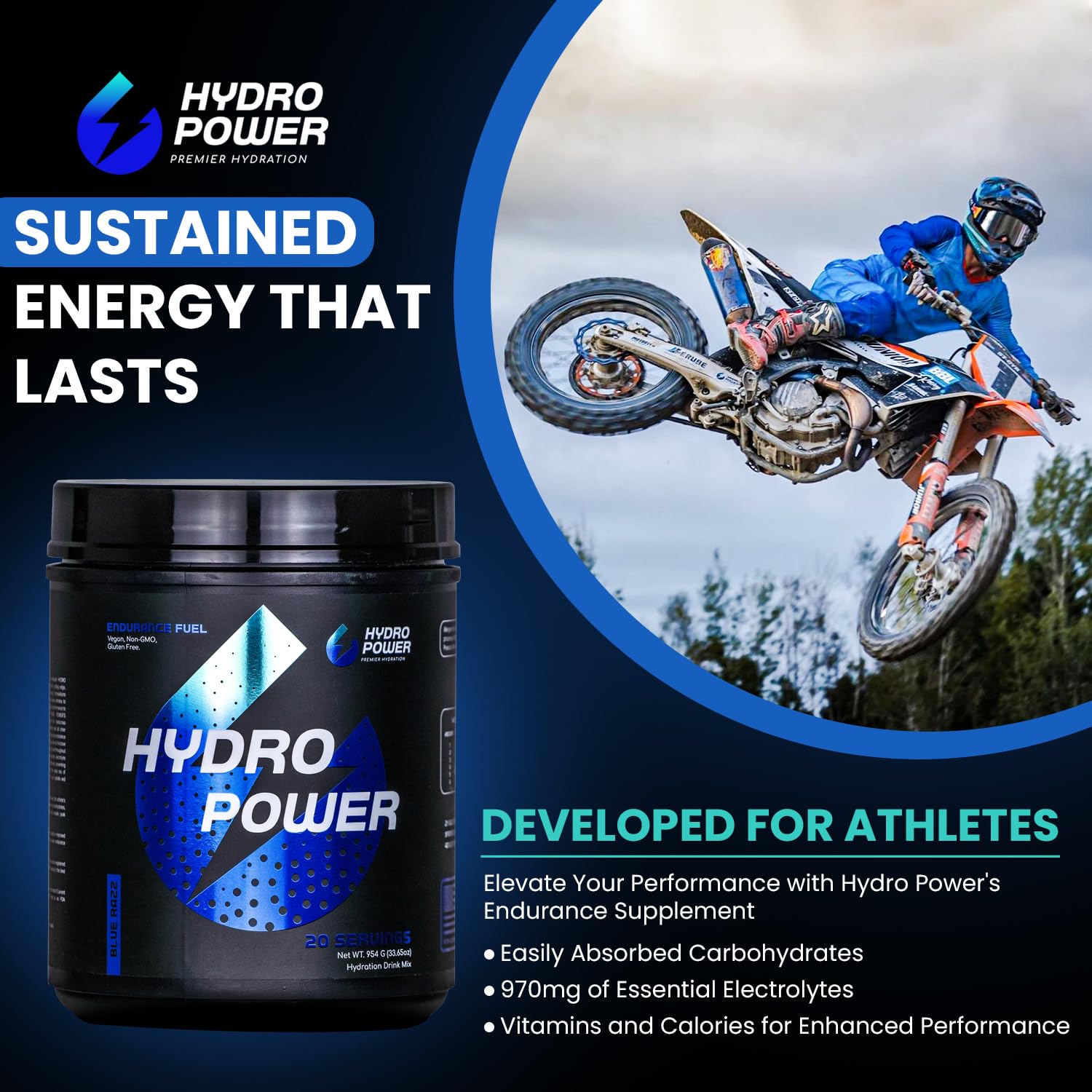 Hydro Power Endurance Fuel High Carb Supplement - Maximize Endurance & Performance with Superior Electrolyte & Calories Mix - Vegan, Non-GMO, & Gluten Free - Blue Razz Flavor, 20 Serving