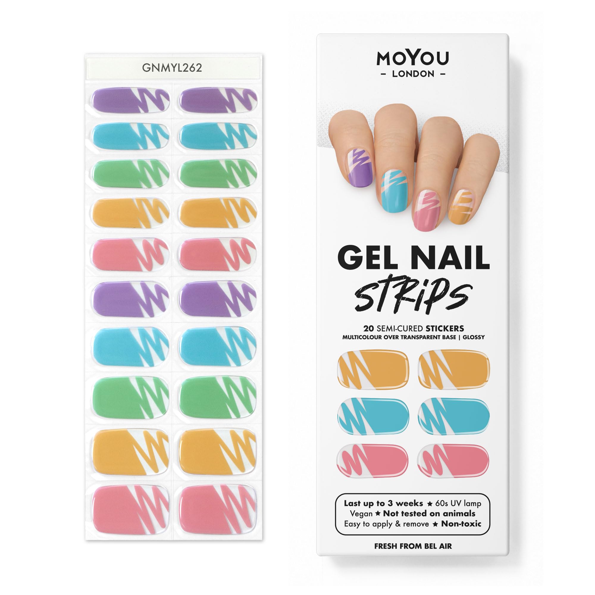 MOYOU LONDON Semi Cured Gel Nail Strips - 20 Pcs. Waterproof Gel Nail Wraps, Cures in Sunlight or UV/LED Lamp, Lasts Up to 2+ Weeks, Stretchable, Easy to Apply & Remove, Vegan & Cruelty-Free
