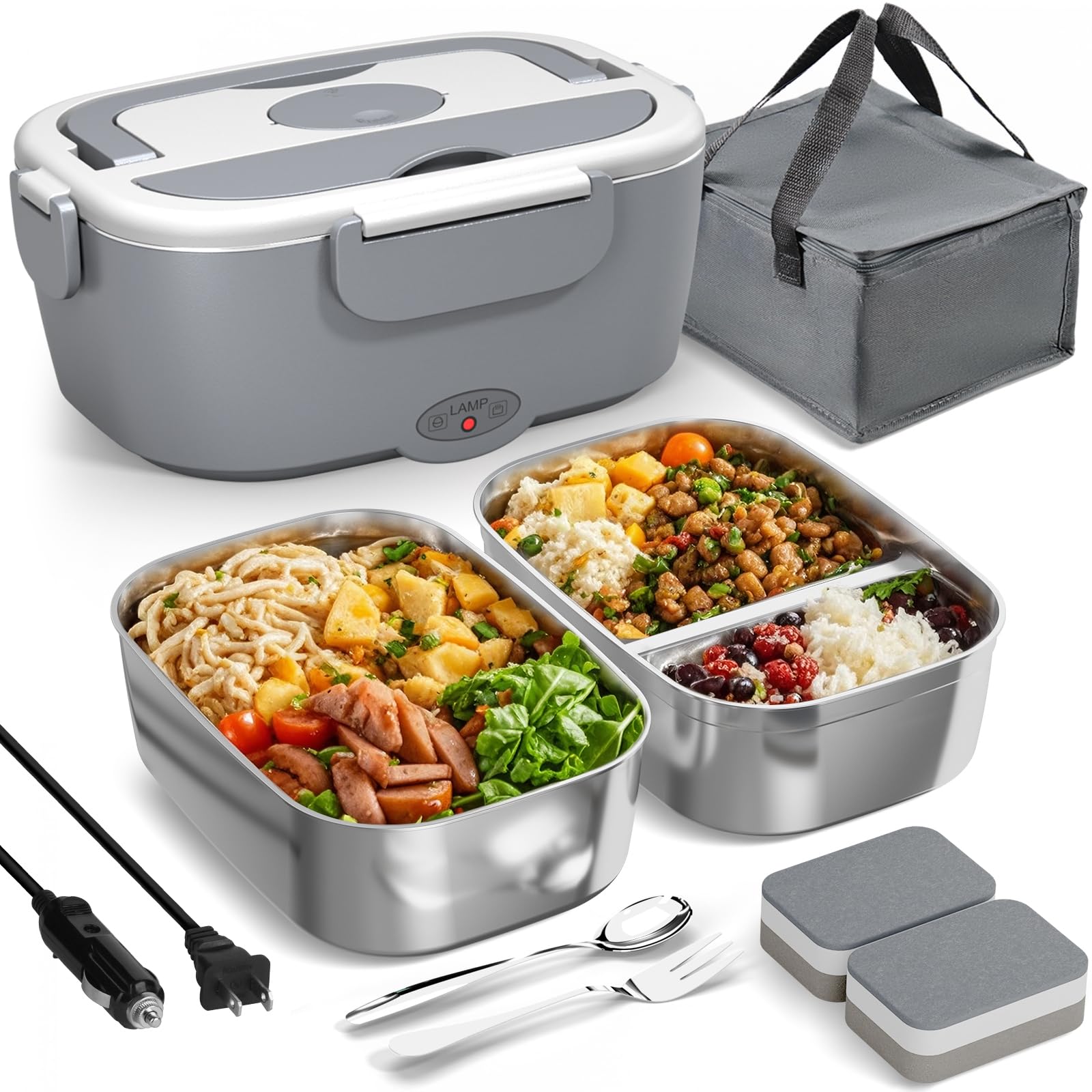Photo 1 of **MISSING CHARGER AND UTENSILS**
Sitlais Heated Lunch Box for Men&Women - 80W Electric Lunch Box for Adults with Dual 1.5L 304 Stainless Steel Containers Fast Heating Portable Food Warmer for Car&Truck Travel lonchera electrica