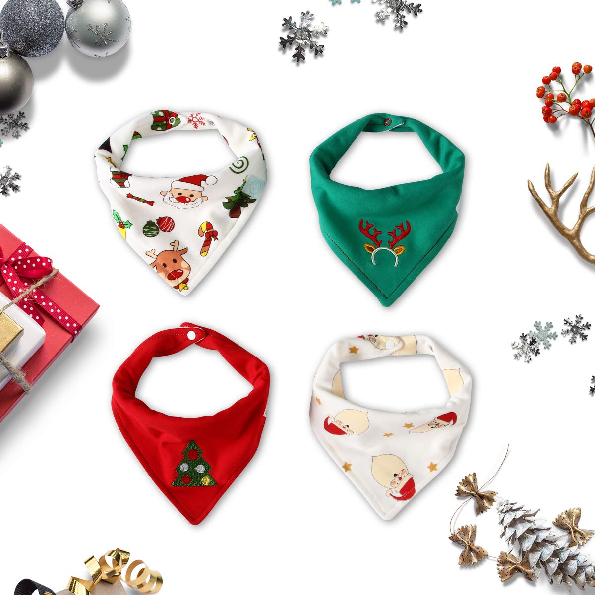 Little Dimsum Baby Bandana Bibs Boys & Girls Super Absorbent 100% Organic Cotton Baby Bib Gift Set for Teething Drooling (Christmas 4-Piece Bib)