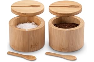 Salt Container Set of 2 - Round Bamboo Salt Cellar & Spice Box with Spoon,Magnetic Swivel Lids for Easy Access,Ideal Spice Bo