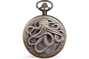 Dentily Vintage Octopus Hollow Quartz Pocket Watch Steampunk Black Pocket Watch with Necklace Chain