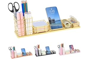 Becomrock Desk Organizers with Pen Holder - Office Supplies Desk Accessories, DIY Desktop Organizer with Post-it Notes and Phone Holder (Gold)