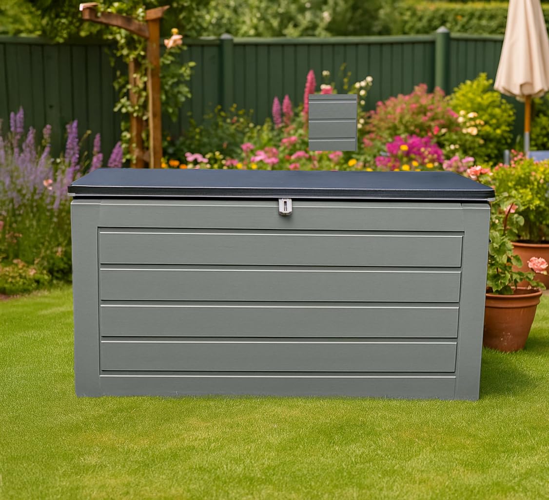 AIRWAVE Outdoor Plastic Garden Storage Box 680L, Weather and Fade Resistant, Lockable, Doubles as Storage Bench, Wood Effect, Indoors/Outdoors (Large)