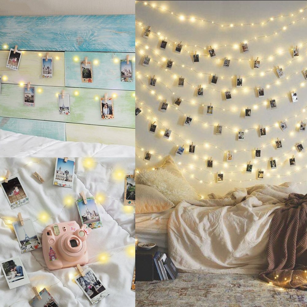 Amteker LED Photo Clip String Lights - 10M 100LED String Lights with 50 Pcs Photo Clips Hanging Photo Frames Light for Home, Wall, Christmas, Party, Bedroom Decorations (with 50 Clip & 20 Nails)