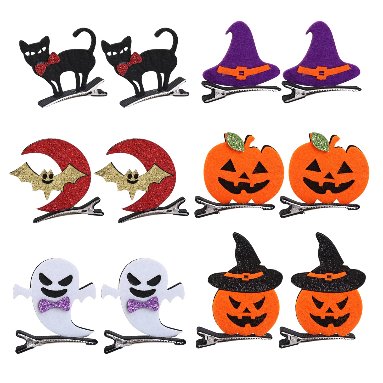 EULAPGOE 12 Pcs Halloween Dimensional Hair Clips - Pumpkin, Ghost, Witch Hat, Moon, Cat, Bat - Nonwoven Cartoon Clips for Cosplay Party Girl Decoration