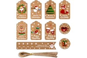 50 PCS Christmas Gift Tags, 10 Styles Brown Kraft Paper Christmas Hanging Tags Present Card with String for DIY Christmas Wra