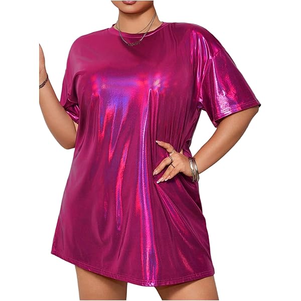 Agnes Orinda Plus Size Dress for Women Metallic Round Neck Short Sleeve  Party Clubwear Loose Mini T-Shirt Dress 1X Black at Amazon Women's Clothing  store