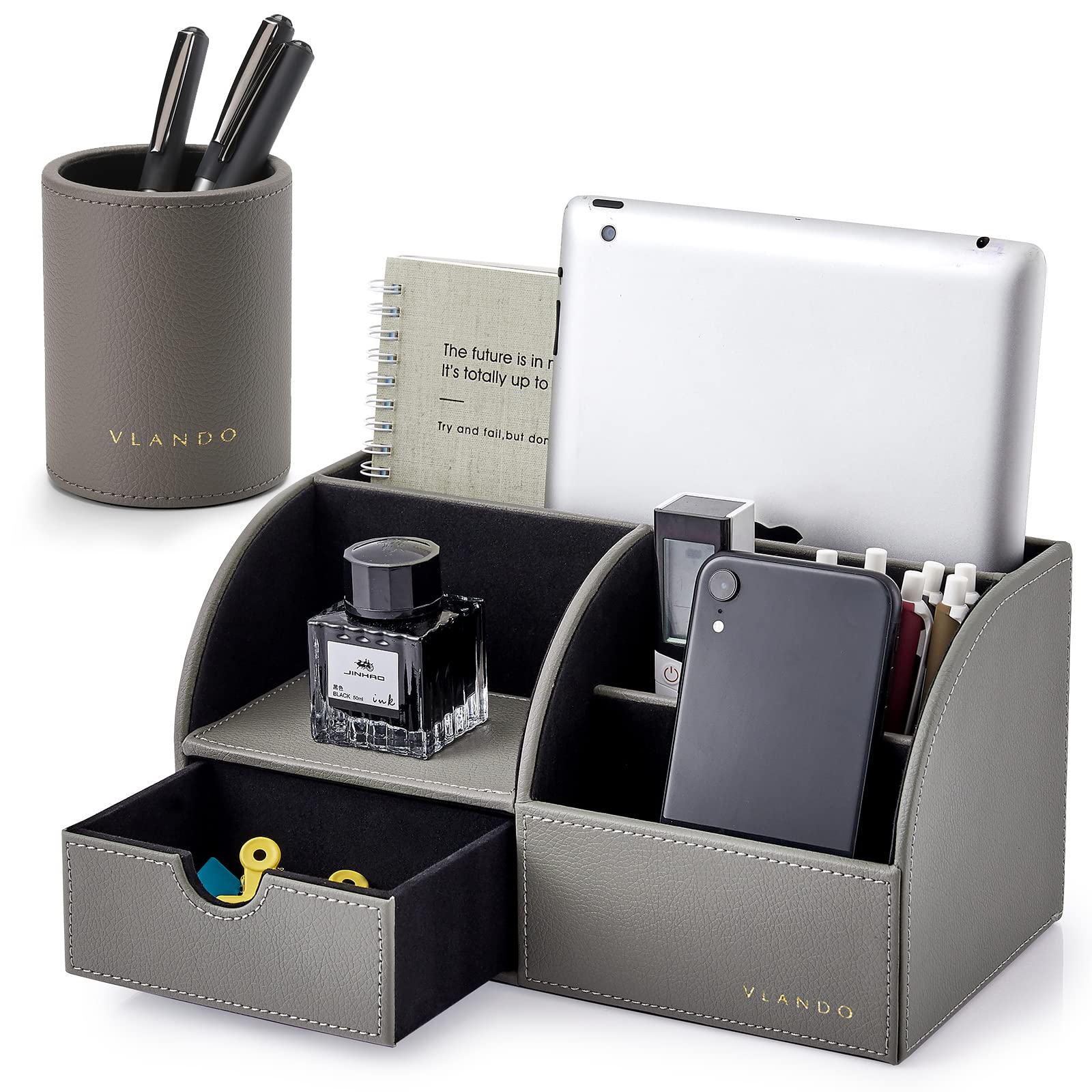 Vlando Elegant Grey Desk Organiser with Drawer, Pen Holder, Office Organiser for Tablet PC, Remote Control Holder