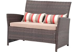 SUNSITT Outdoor Wicker Loveseat with Cushions, 2 Seats Patio PE Rattan Sofa with Lumbar Pillows, Brown Wicker & Beige Cushions, Porch, Backyard, Garden, Pool, Steel Frame