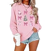 BIEISITI Christmas Sweatshirts Women Christmas Tree and Bow Cute Xmas Shirts Holiday Party Pullover Tops