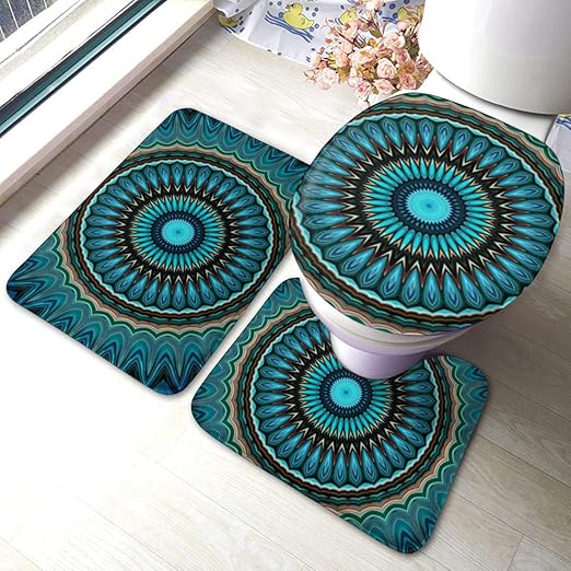 Amazon Com Mahenshangm Bathroom Rugs Sets 3 Pieces Memory Foam Bathroom Mats Set Bath Rug Contour Mat Lid Cover Non Slip Turquoise Teal Green Mandala Round Home Kitchen