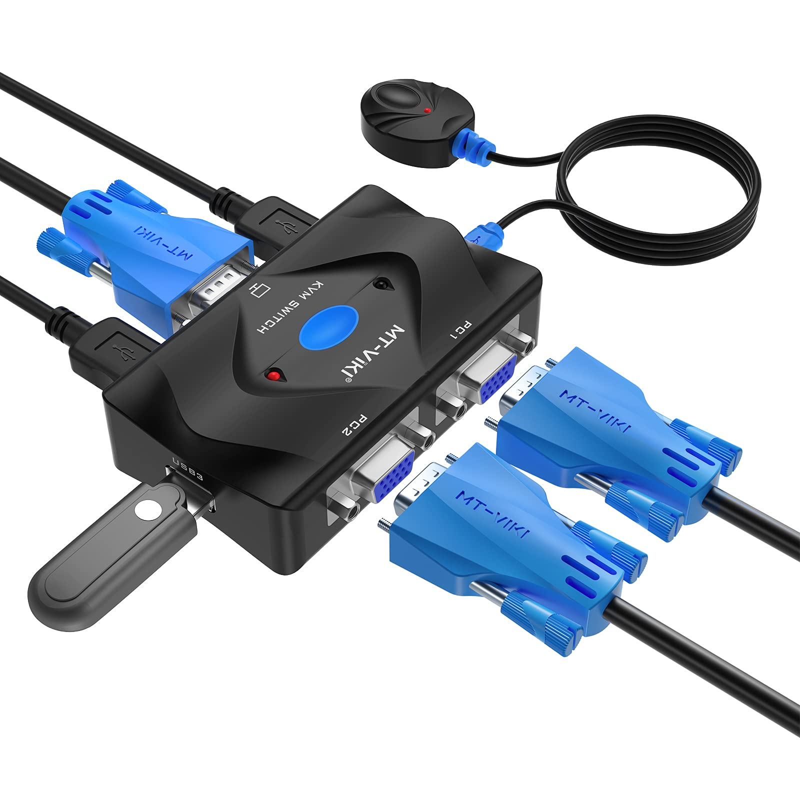 KVM Switch VGA 2 Port, MT-VIKI KVM Switcher VGA Console with 3 USB Hubs + 2in1 Cables+Desktop Selector