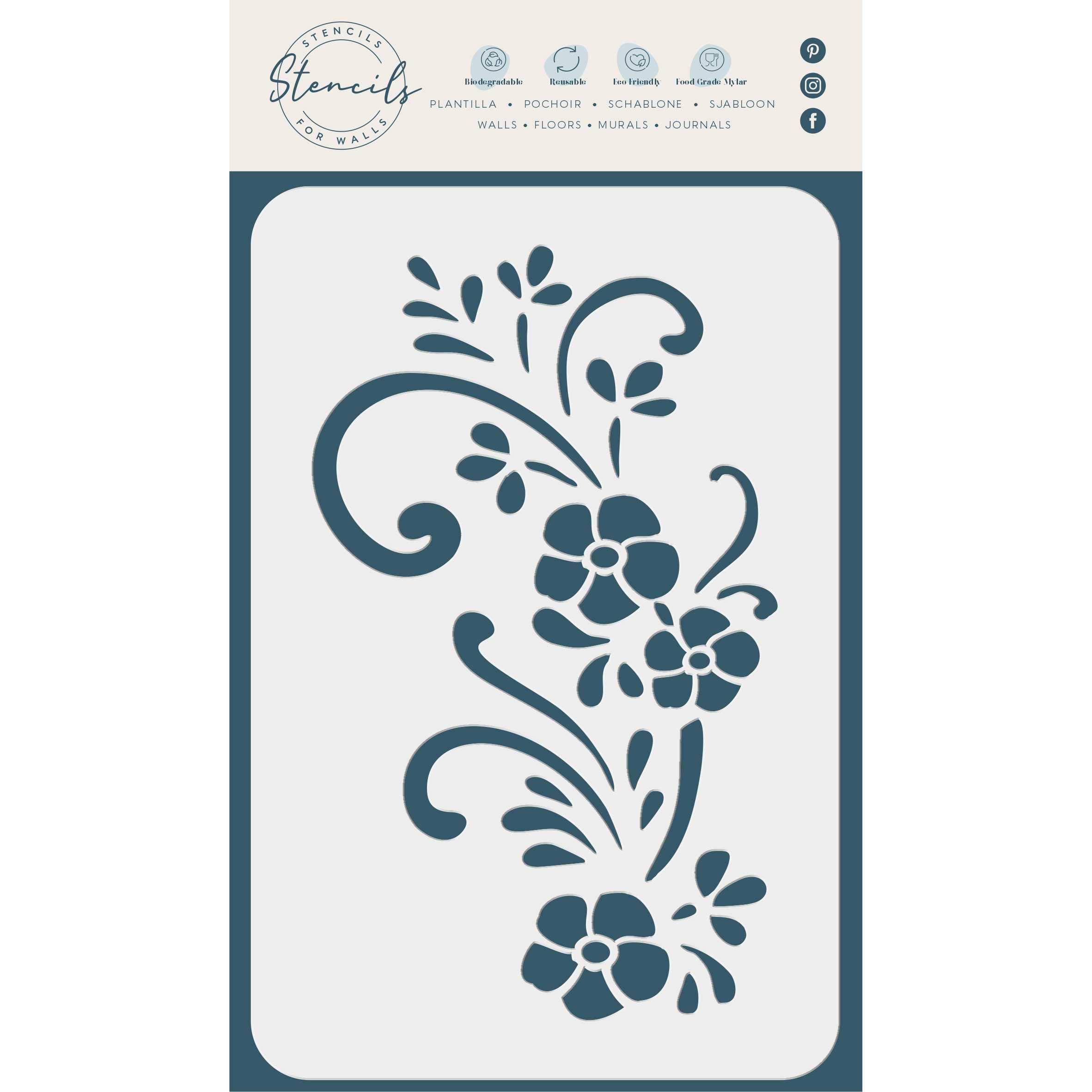 Swirly Flowers Stencil, 6 x 10 cm (S) - Classic Floral Flower Border Stencils for Painting Template