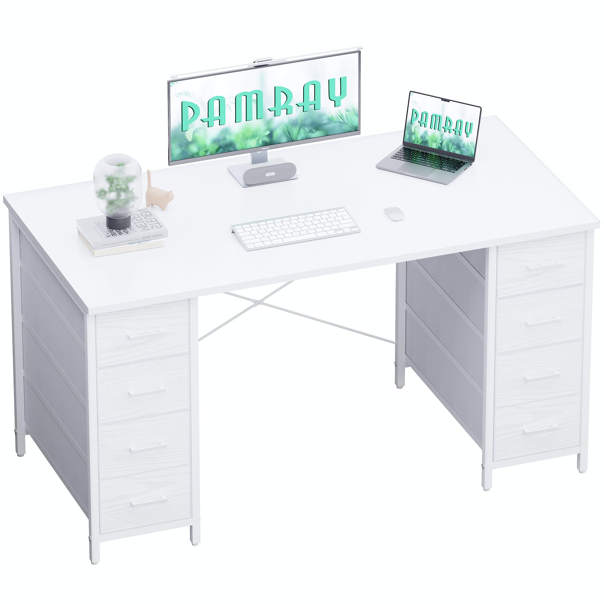 Photo 1 of Pamray 47 Inch Computer Desk with 8 Fabric Drawers PC Gaming Desk Home Office Study Work Writing Table for Bedroom White