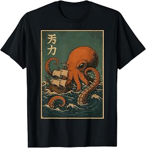 Kraken Ocean Battle Giant Octopus Vintage Japanese Art T-Shirt