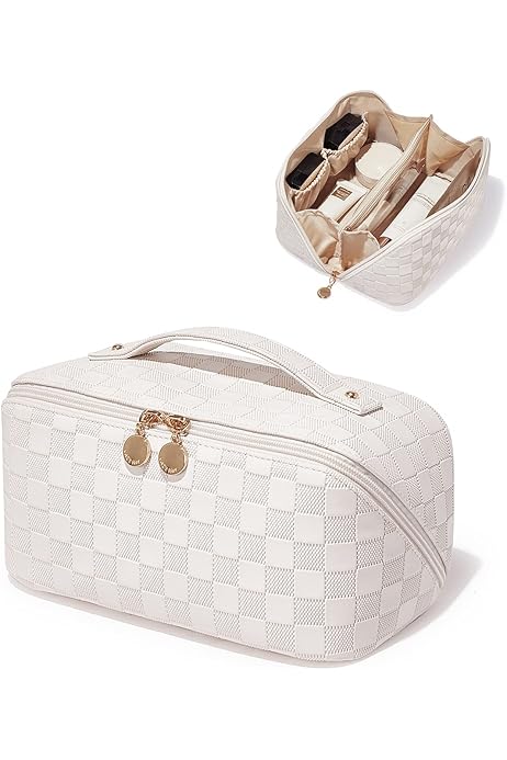 Travel Makeup Bag,Large Capacity Cosmetic Bags for Women,Waterproof Portable Pouch Open Flat Toiletry Bag Make up Organizer with Divider and Handle (Plaid-White)