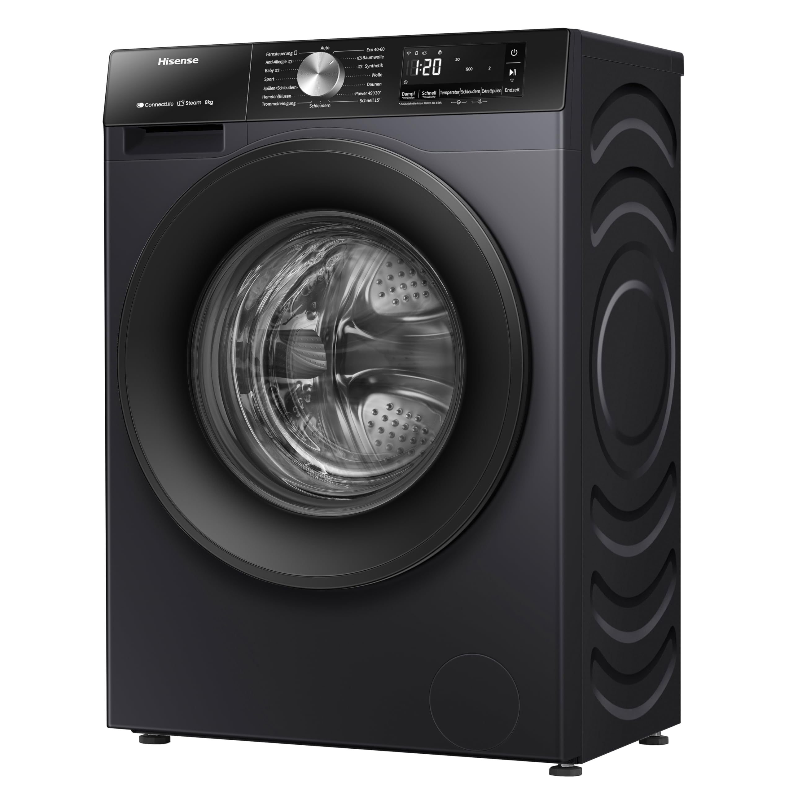 Hisense WF3S8043BB3 Waschmachine mit Dampffunkunktion, 8 kg, 1400 U,min, WIFI, ConnectLife, Power JetWash, Anti-Allergie Programm, Aqua Stop, Auto Wash, Quick Wash, EEK A-30 Prozent 9