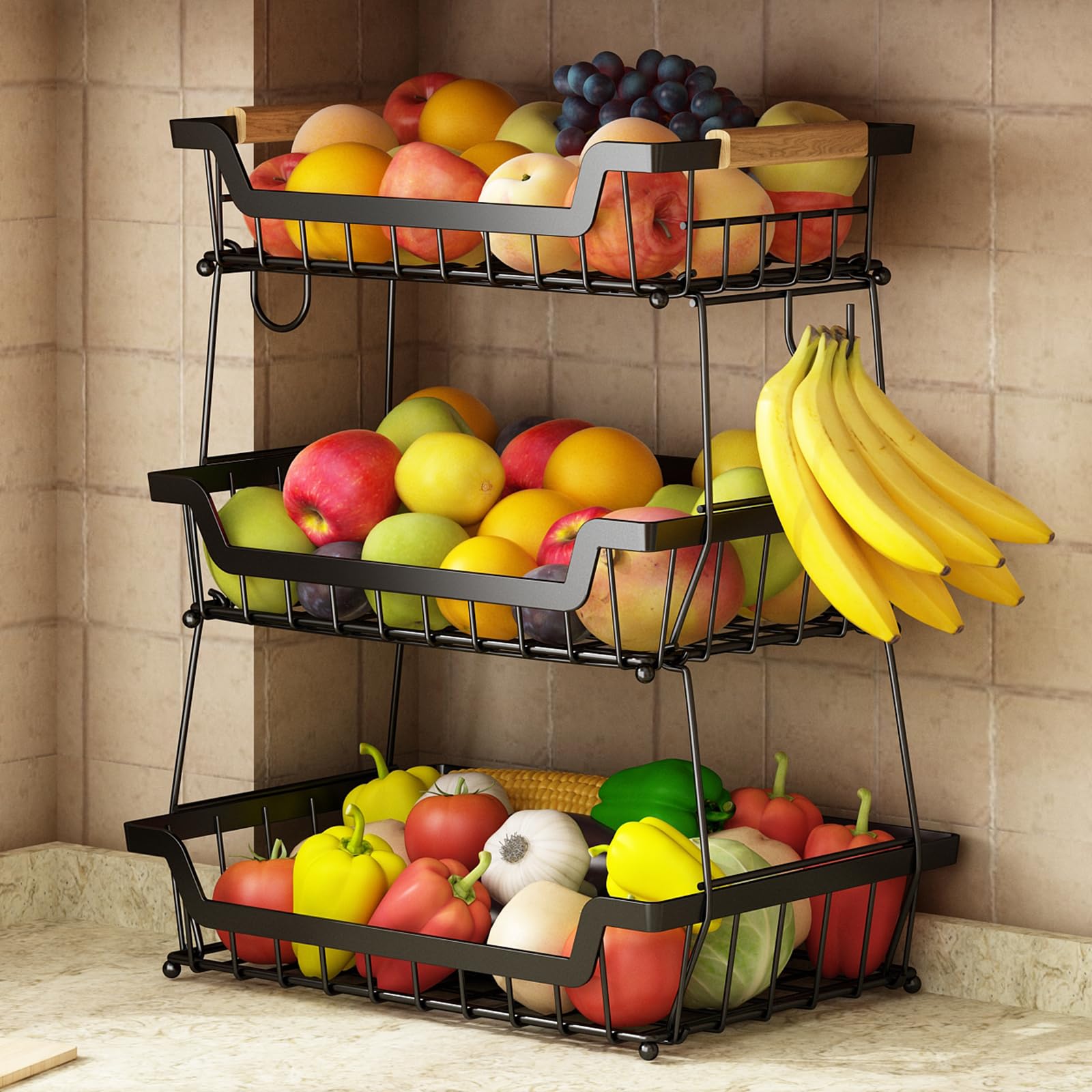 Photo 1 of GILLAS 3 Tier Countertop Fruit Basket with 2 Banana Hangers for Kitchen, Detachable Metal Organizer for Bread Vegetable Fruits with Wooden Handle, Large Capacity Rectangular Storage Stand Bowls, Black