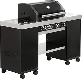 Dehner Gasgrill Lancaster 400 BBQ Insel, ca. 154 x 118 x 60 cm, Grillfläche ca. 65 x 45 cm, Edelstahl, schwarz/Silber 