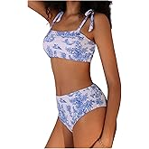 Floerns Women's Tie Shoulder Bikini Swimsuit Floral High Waisted 2 Piece Bathing Suit