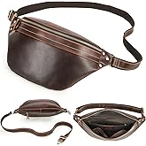 Top Grain Genuine Leather Slim Fanny Pack for Man & Woman, Minimalist Vintage Design, Handmade with Detachable Hardware, Slim Waist Pack Large Crossbody Belt Bag for Traveling or Riding, Coffee