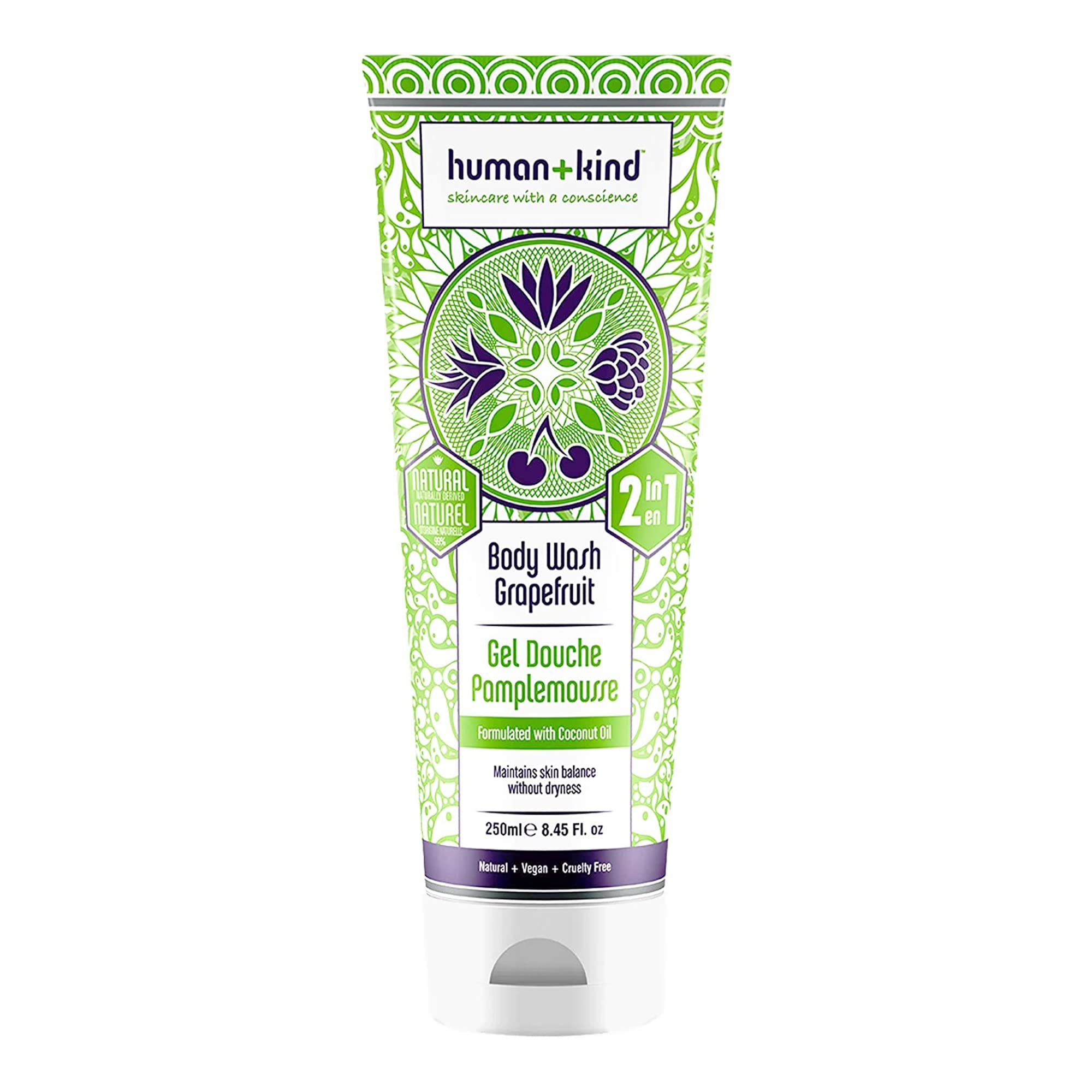 Human+Kind - Body Wash - Grapefruit - Naturally Derived 99% - 2 in 1 - Formulated with Coconut Oil - Maintains Skin Balance without Dryness - Vegan - Cruelty Free - 8.45 fl oz/250 ml