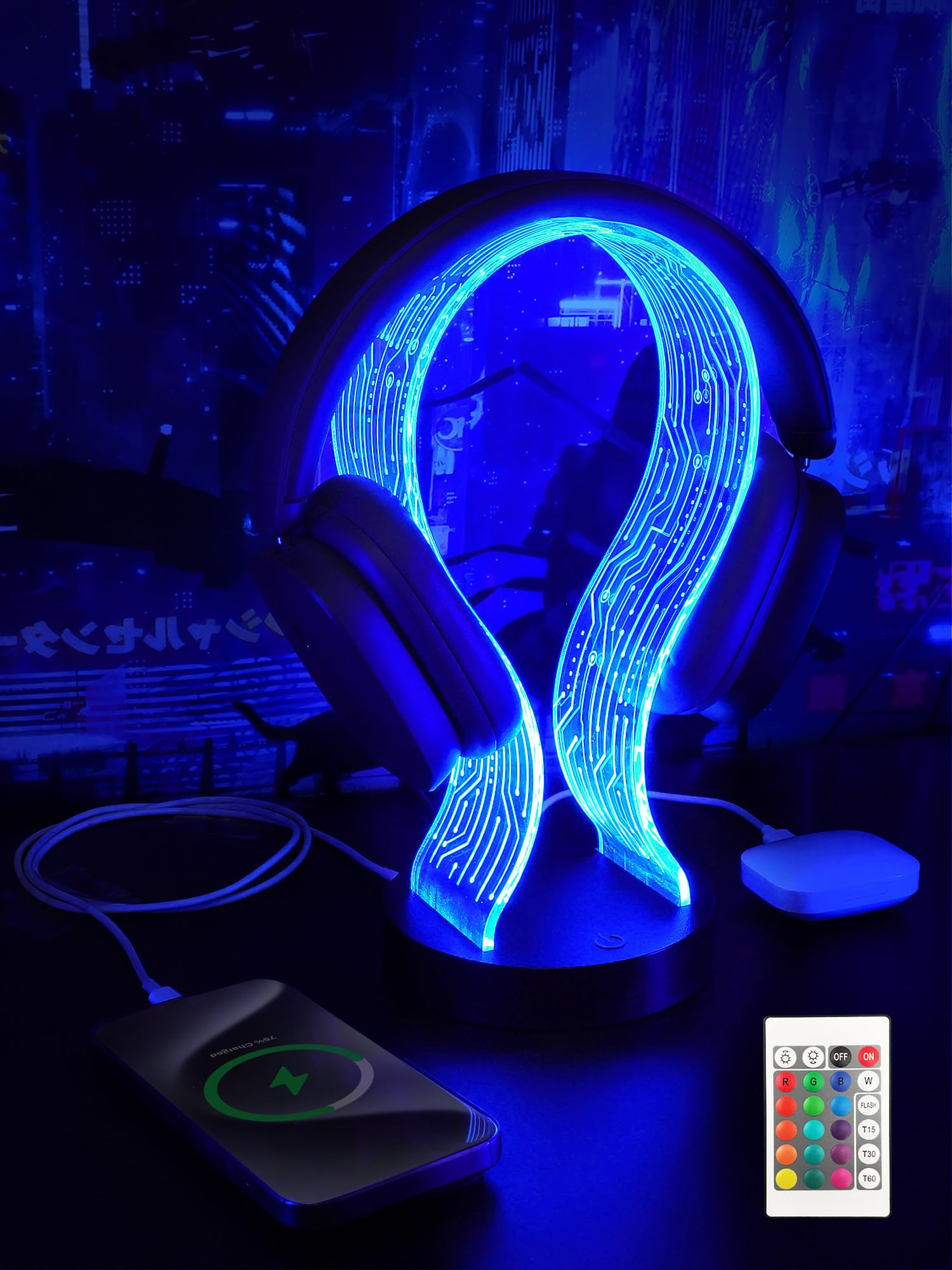CoolGift Mart Beleuchteter Kopfhörerständer mit 16 Farbe Lichter, PCB-Muster Acryl Kopfhörer Stand mit 1 USB und 1 Typ-C Ladeanschlüsse, Geschenke für Gamer Männer und Musikliebhaber 9