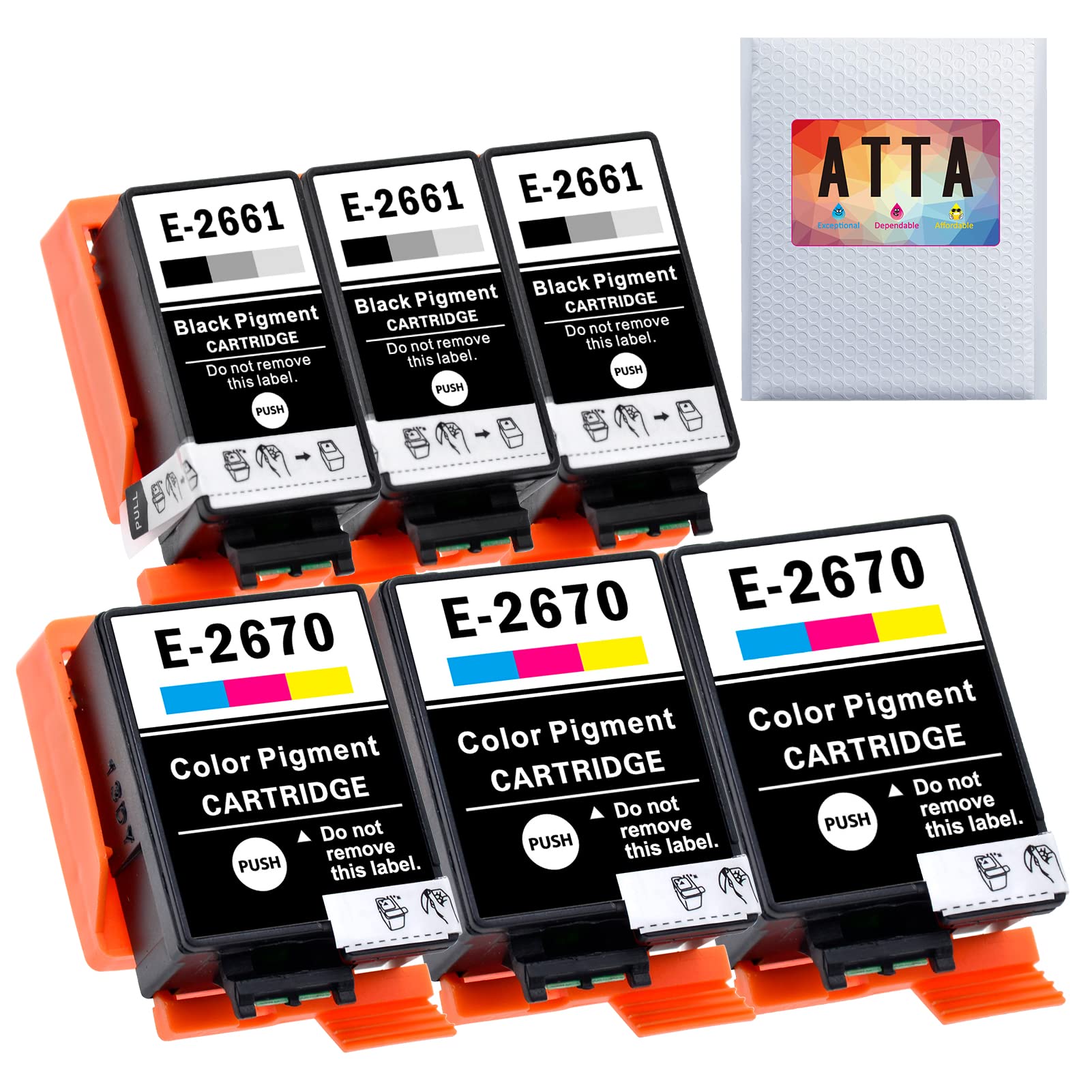 ATTA Compatible Epson 266 & 267 Ink Cartridges, 2661 T2661 T2670 Work for Epson Workforce WF-110W WF-100W Printer with Pigment Ink, 6 Pack (3 Black, 3 Colour)