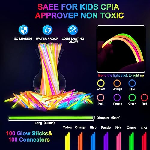 OLUPP 170 PCS Glow in the Dark Party Supplies,100 Glow Sticks, 30